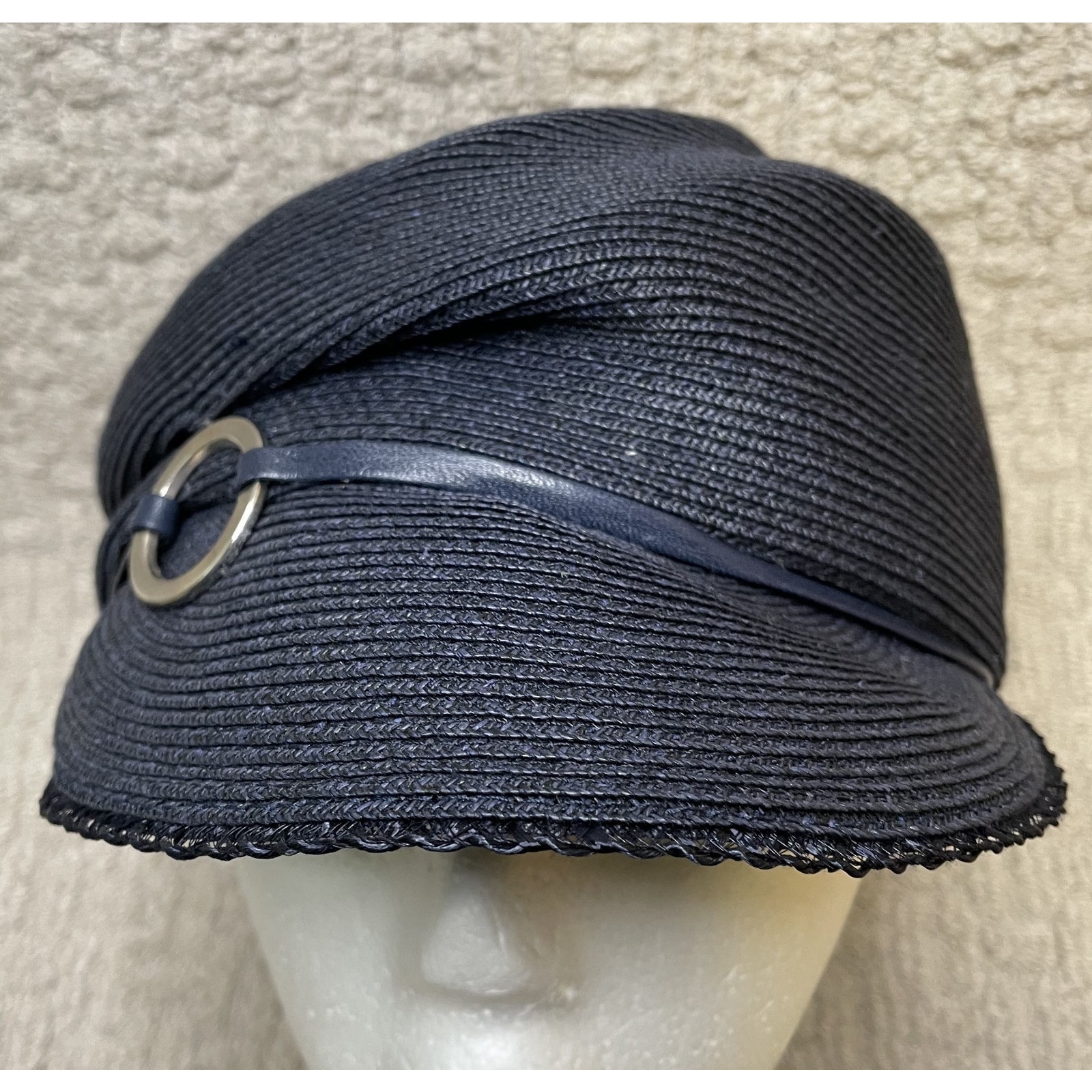 Eugenia Kim Navy Blue Woven Mia Cap Hat M Nwt $290 Pleated Buckle Newsboy